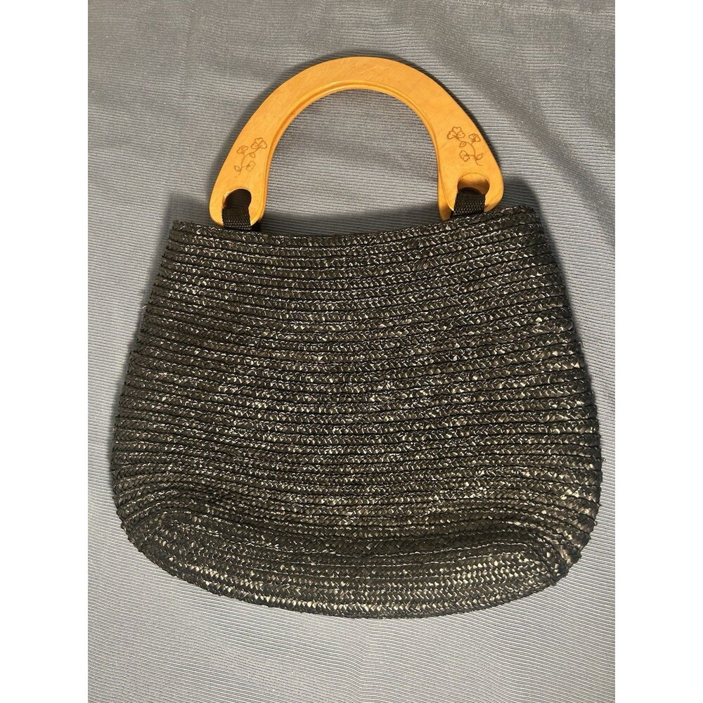 Retro Wooden Handled Black Natural Woven Wicker Vintage Style Hand Bag